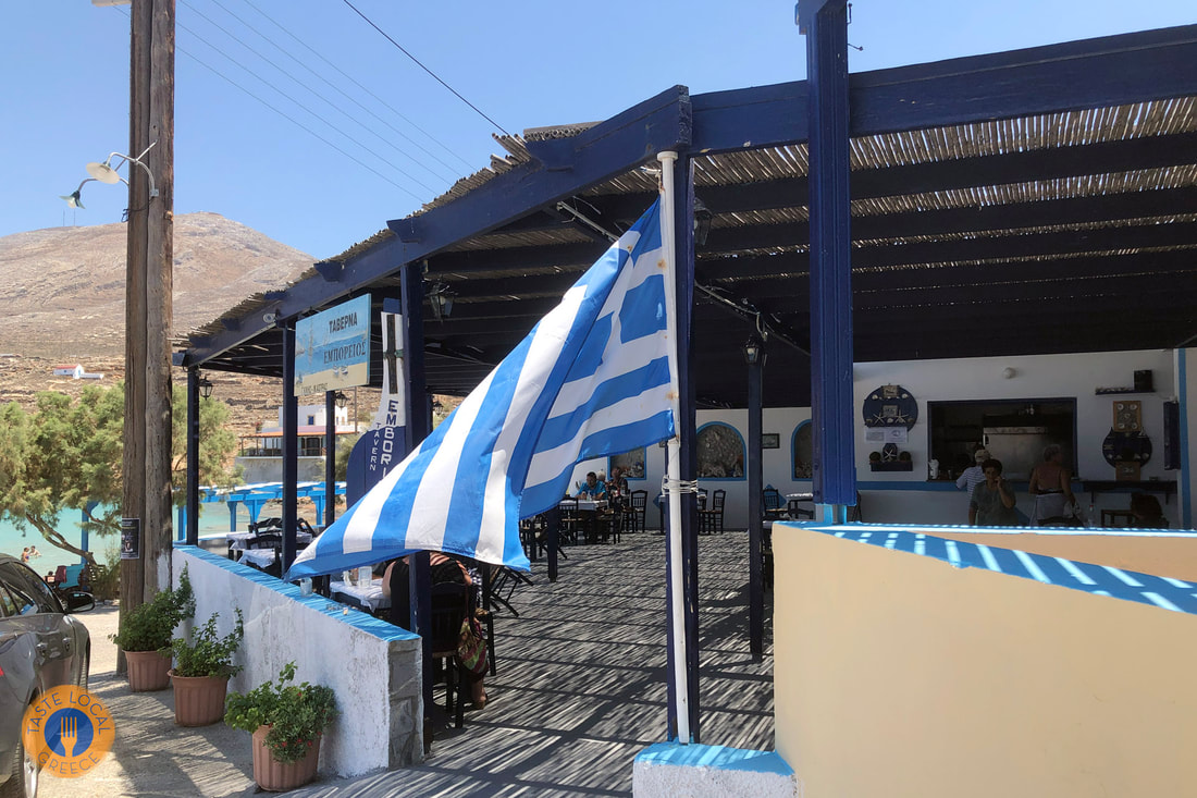 The blue-and-white terrace of Emporios taverna on Kasos