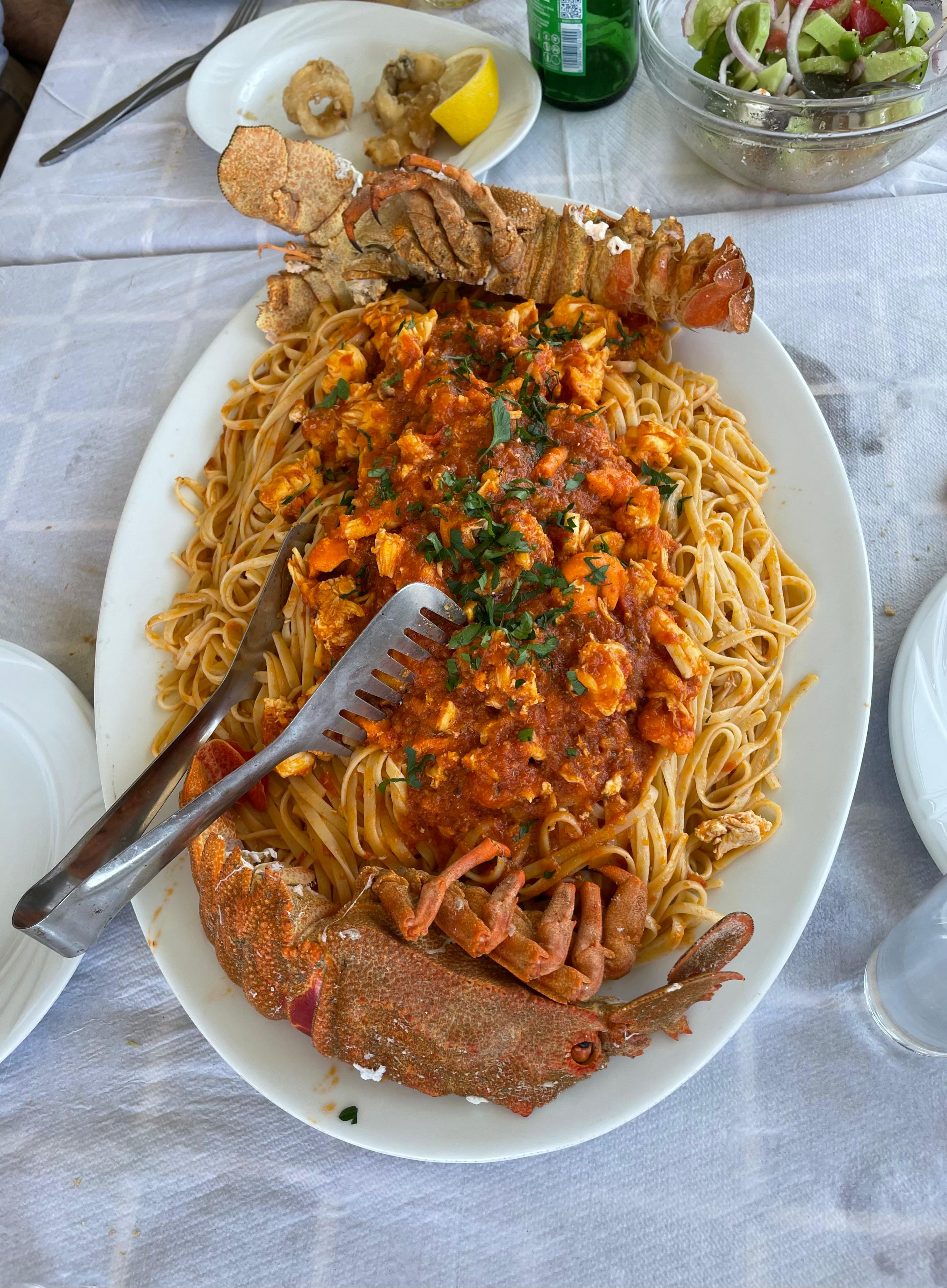 Seafood pasta served at Mylos in Kasos